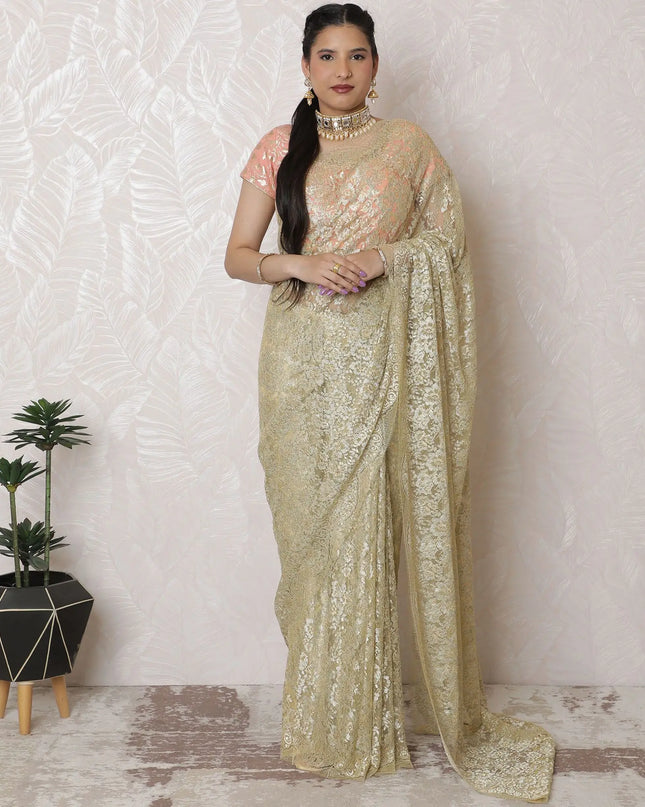 Elegant Metallic Gold Chantilly Lace Saree - French Crafted, 110cm Width, 5.5m Length - Exclusive Blouse Piece Not Included-D17961 Regal Fabrics