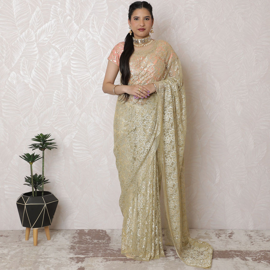 Elegant Metallic Gold Chantilly Lace Saree - French Crafted, 110cm Width, 5.5m Length - Exclusive Blouse Piece Not Included-D17961