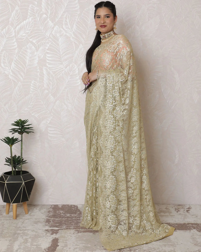 Elegant Metallic Gold Chantilly Lace Saree - French Crafted, 110cm Width, 5.5m Length - Exclusive Blouse Piece Not Included-D17961 Regal Fabrics