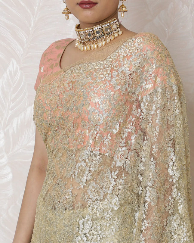 Elegant Metallic Gold Chantilly Lace Saree - French Crafted, 110cm Width, 5.5m Length - Exclusive Blouse Piece Not Included-D17961 Regal Fabrics
