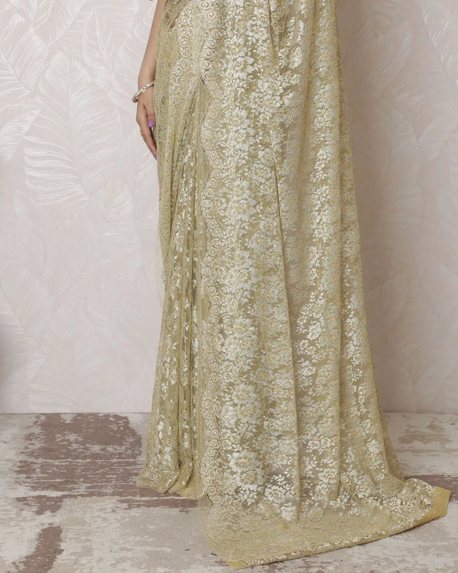 Elegant Metallic Gold Chantilly Lace Saree - French Crafted, 110cm Width, 5.5m Length - Exclusive Blouse Piece Not Included-D17961 Regal Fabrics
