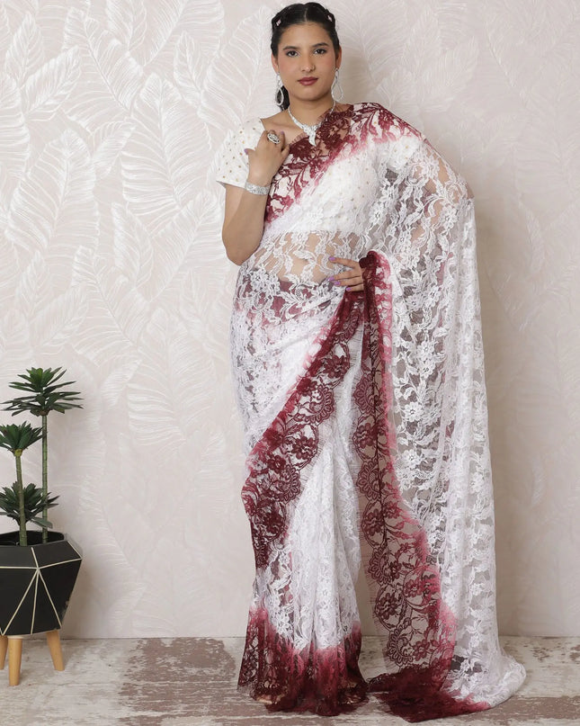 Elegant Chantilly Lace Ombre Saree - 110cm Width, 5.5m Length, Exquisite French Design, Regal Fabrics, Blouse Piece Not Included (White & Wine)-D17962 Regal Fabrics
