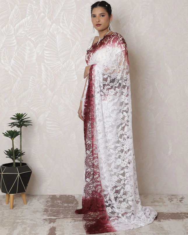 Elegant Chantilly Lace Ombre Saree - 110cm Width, 5.5m Length, Exquisite French Design, Regal Fabrics, Blouse Piece Not Included (White & Wine)-D17962 Regal Fabrics