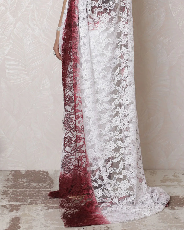 Elegant Chantilly Lace Ombre Saree - 110cm Width, 5.5m Length, Exquisite French Design, Regal Fabrics, Blouse Piece Not Included (White & Wine)-D17962 Regal Fabrics