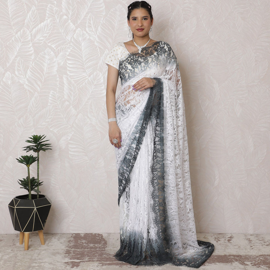 Chic Chantilly Lace Saree - Monochrome Ombre, 110cm Width, 5.5m Length, French Design, Regal Fabric, No Blouse (White & Charcoal)-D17964