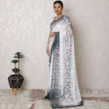 Chic Chantilly Lace Saree - Monochrome Ombre, 110cm Width, 5.5m Length, French Design, Regal Fabric, No Blouse (White & Charcoal)-D17964