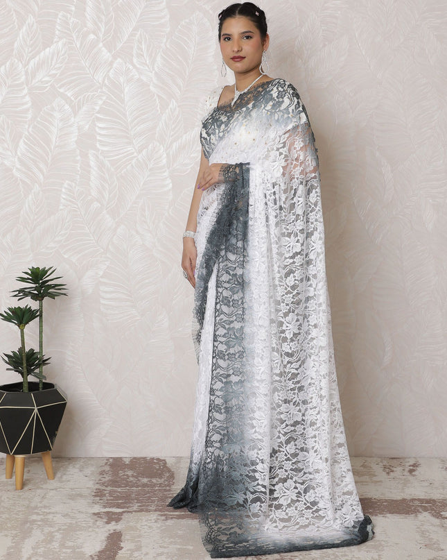 ساري دانتيل شانتيلي أنيق - أومبري أحادي اللون، عرض 110 سم، طول 5.5 متر، تصميم فرنسي، قماش ملكي، بدون بلوزة (أبيض وفحمي) -D17964