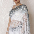 Chic Chantilly Lace Saree - Monochrome Ombre, 110cm Width, 5.5m Length, French Design, Regal Fabric, No Blouse (White & Charcoal)-D17964