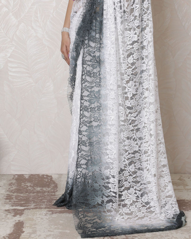 ساري دانتيل شانتيلي أنيق - أومبري أحادي اللون، عرض 110 سم، طول 5.5 متر، تصميم فرنسي، قماش ملكي، بدون بلوزة (أبيض وفحمي) -D17964