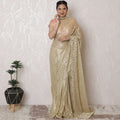 Golden Glamour Chantilly Lace Saree - Metallic Finish, 110cm Width, 5.5m Length, Luxurious French Lace, Regal Fabrics, No Blouse-D17965