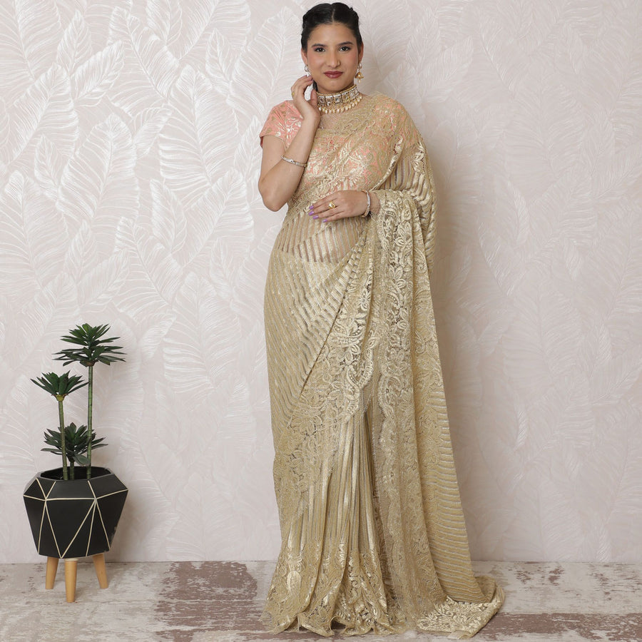 Golden Glamour Chantilly Lace Saree - Metallic Finish, 110cm Width, 5.5m Length, Luxurious French Lace, Regal Fabrics, No Blouse-D17965