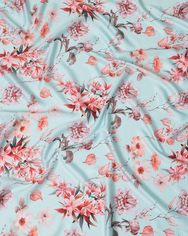 Light Blue Floral Synthetic Modal Satin Fabric - Elegant Blossom Print, 110cm - Shop Online-D17971