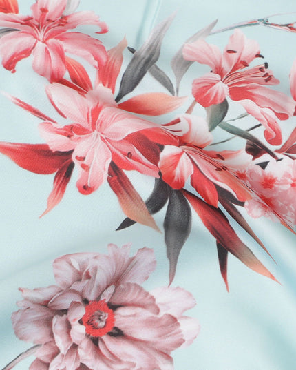 Light Blue Floral Synthetic Modal Satin Fabric - Elegant Blossom Print, 110cm - Shop Online-D17971