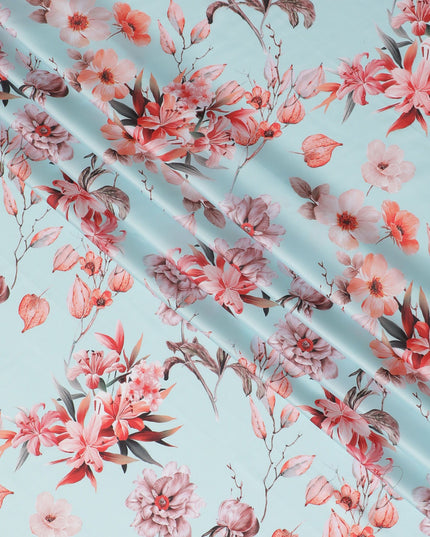 Light Blue Floral Synthetic Modal Satin Fabric - Elegant Blossom Print, 110cm - Shop Online-D17971