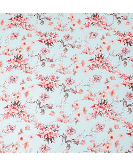 Light Blue Floral Synthetic Modal Satin Fabric - Elegant Blossom Print, 110cm - Shop Online-D17971
