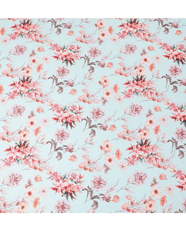 Light Blue Floral Synthetic Modal Satin Fabric - Elegant Blossom Print, 110cm - Shop Online-D17971