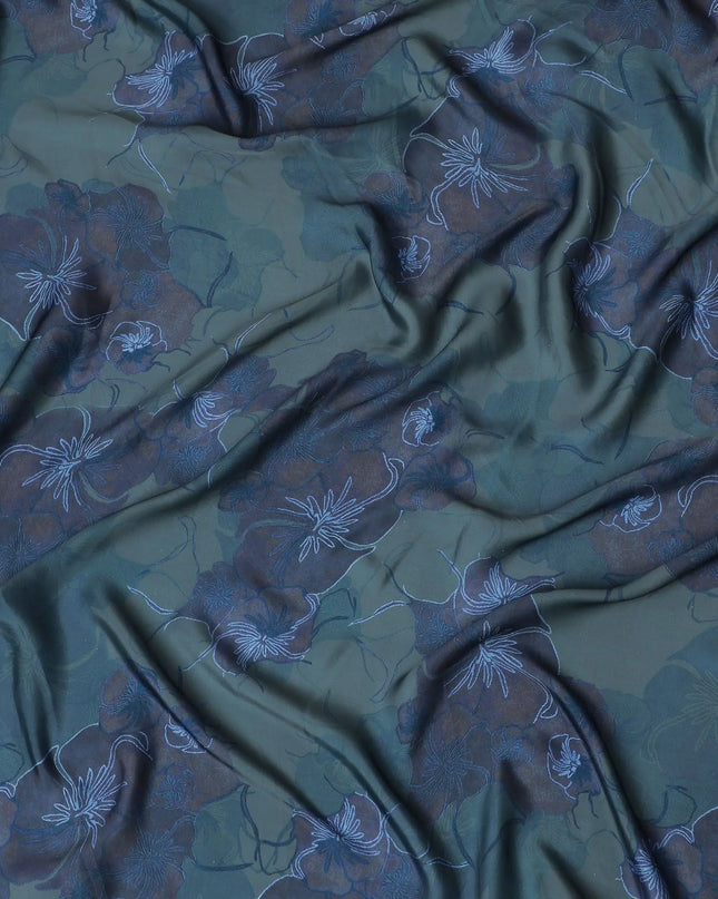 Mystic Forest Floral Synthetic Modal Satin Fabric - Deep Green & Blue, 110cm - Purchase Online-D17977 Regal Fabrics