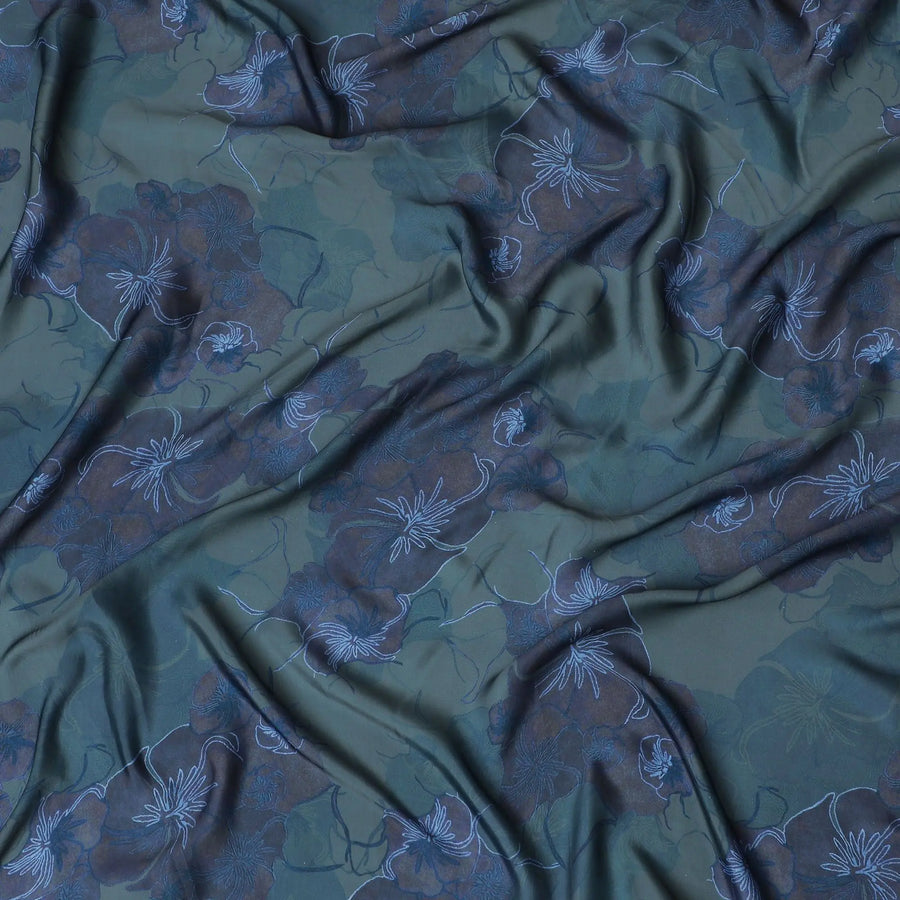 Mystic Forest Floral Synthetic Modal Satin Fabric - Deep Green & Blue, 110cm - Purchase Online-D17977 Regal Fabrics