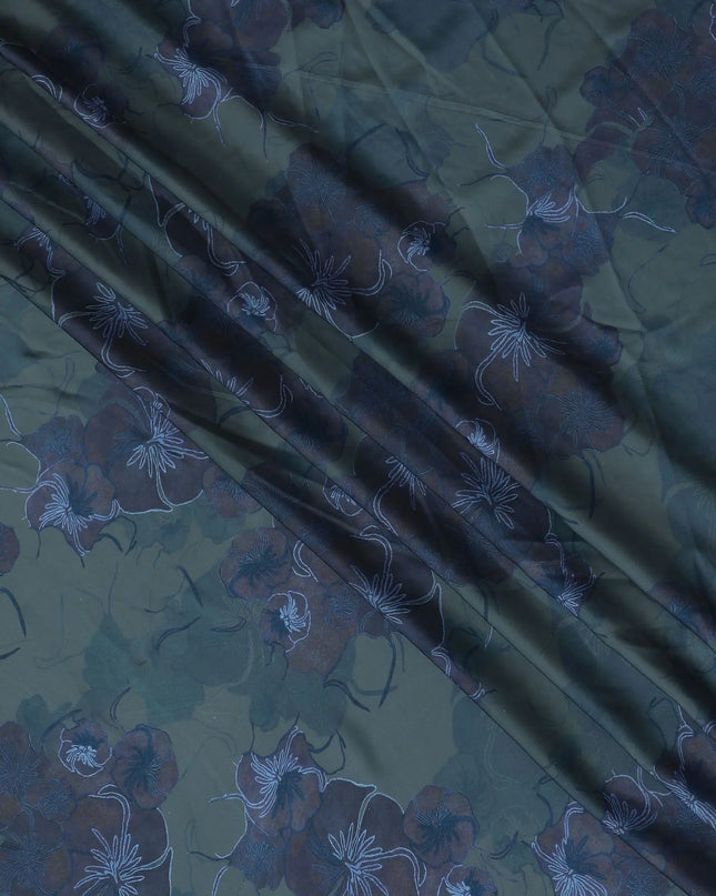 Mystic Forest Floral Synthetic Modal Satin Fabric - Deep Green & Blue, 110cm - Purchase Online-D17977 Regal Fabrics