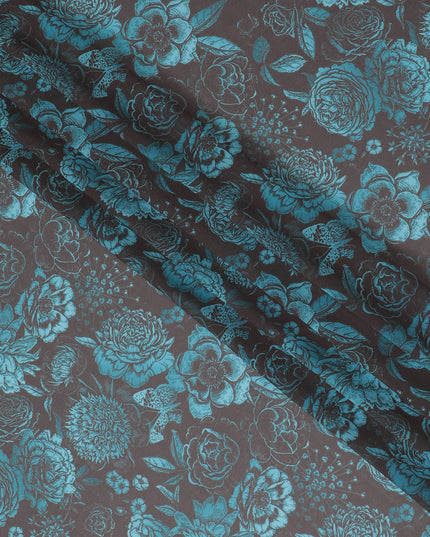 Teal Temptation Floral Synthetic Georgette Fabric - Exotic Blossom Print, 110cm - Shop Online-D17990