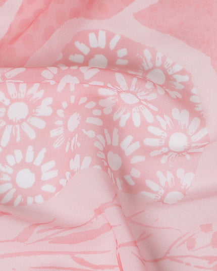 Premium Coral Pink Synthetic Georgette Fabric - Floral Design, Buy in Meters, 110cm Wide-D17992