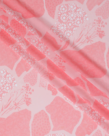 Premium Coral Pink Synthetic Georgette Fabric - Floral Design, Buy in Meters, 110cm Wide-D17992