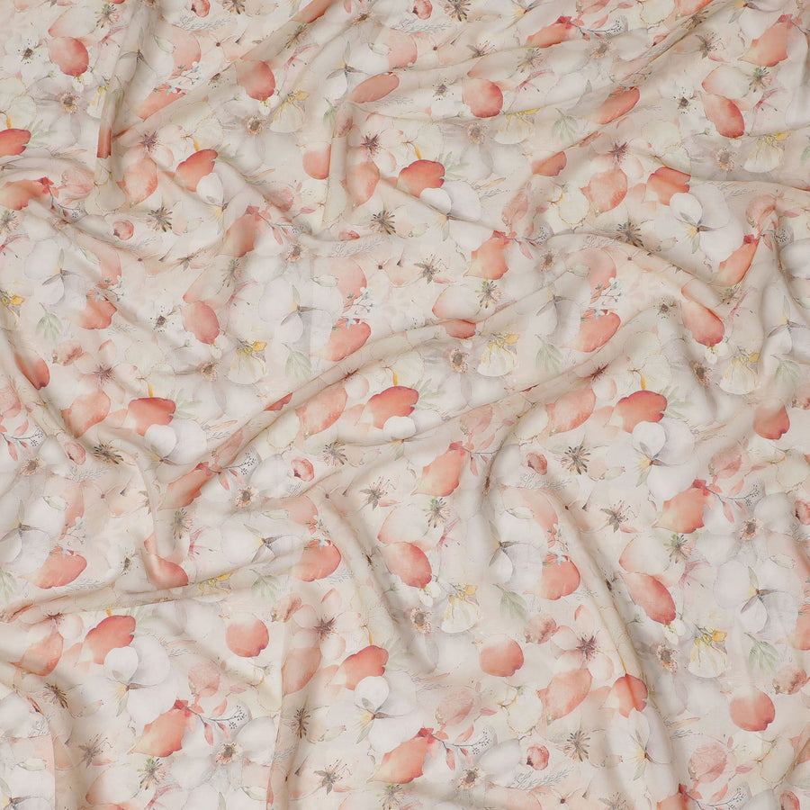 Soft Peach Orchard Viscose Crepe Fabric - 110cm Wide, Delicate Print, Online Purchase-D18106