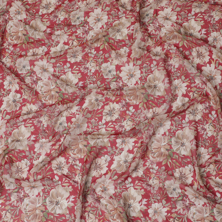 Vibrant Rouge Floral Viscose Crepe Fabric - 110cm Wide, Rich Texture, Shop Online-D18109