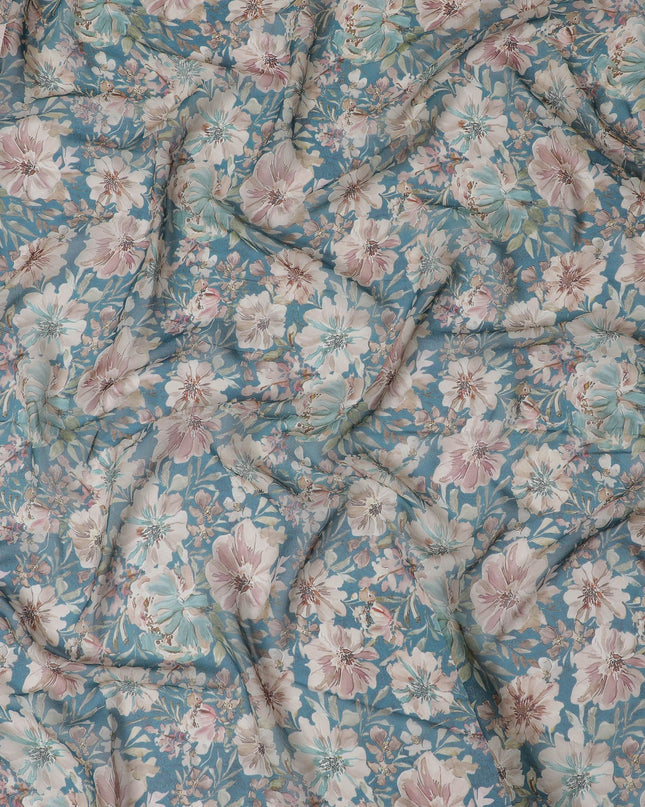 Classic Blue Floral Viscose Crepe Fabric - 110cm Wide, Timeless Elegance, Online Purchase-D18110