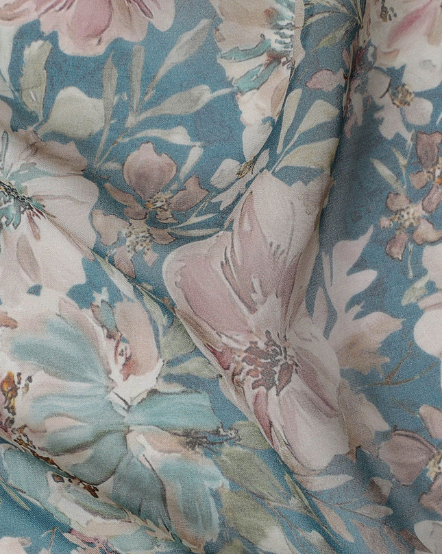 Classic Blue Floral Viscose Crepe Fabric - 110cm Wide, Timeless Elegance, Online Purchase-D18110
