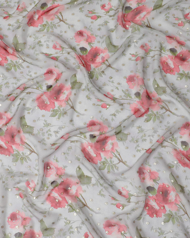 قماش شيفون حريري مزين بالزهور مع لوريكس معدني - عرض 110 سم، أزهار وردية، صناعة كورية جنوبية، اشتري عبر الإنترنت بواسطة Meter-D18165