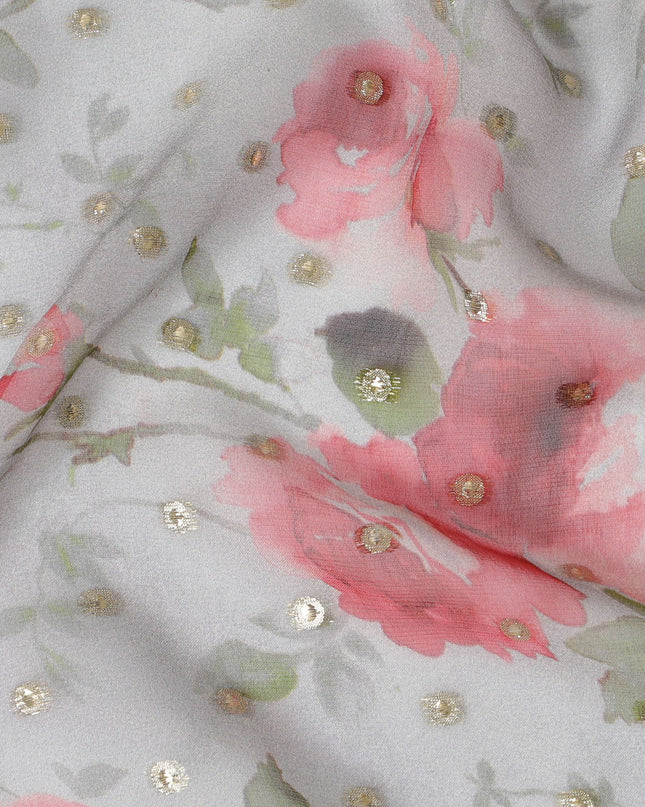 قماش شيفون حريري مزين بالزهور مع لوريكس معدني - عرض 110 سم، أزهار وردية، صناعة كورية جنوبية، اشتري عبر الإنترنت بواسطة Meter-D18165