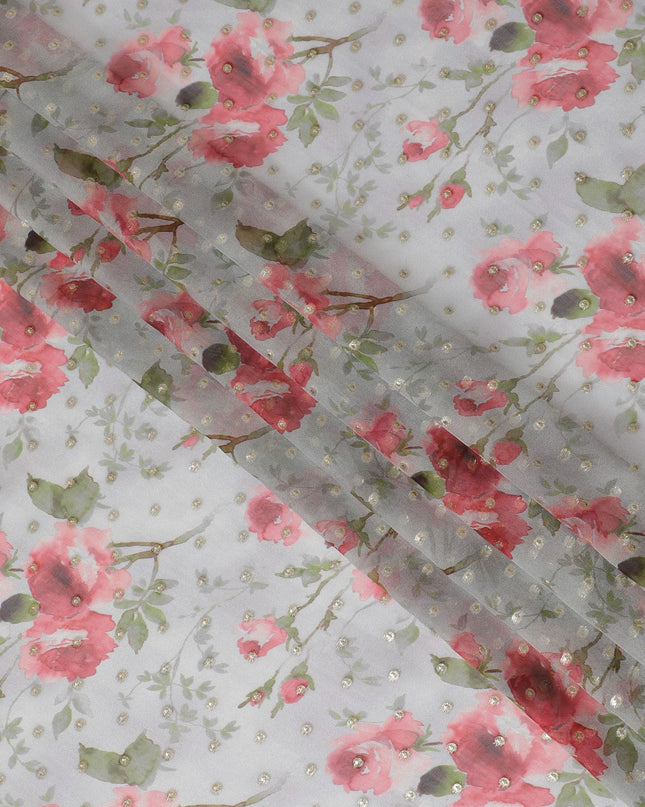 قماش شيفون حريري مزين بالزهور مع لوريكس معدني - عرض 110 سم، أزهار وردية، صناعة كورية جنوبية، اشتري عبر الإنترنت بواسطة Meter-D18165