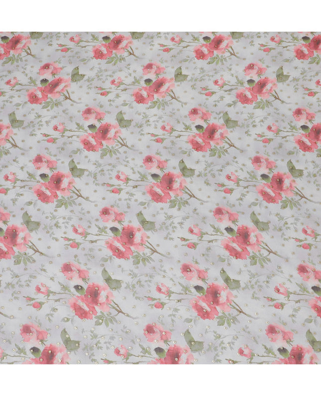 قماش شيفون حريري مزين بالزهور مع لوريكس معدني - عرض 110 سم، أزهار وردية، صناعة كورية جنوبية، اشتري عبر الإنترنت بواسطة Meter-D18165