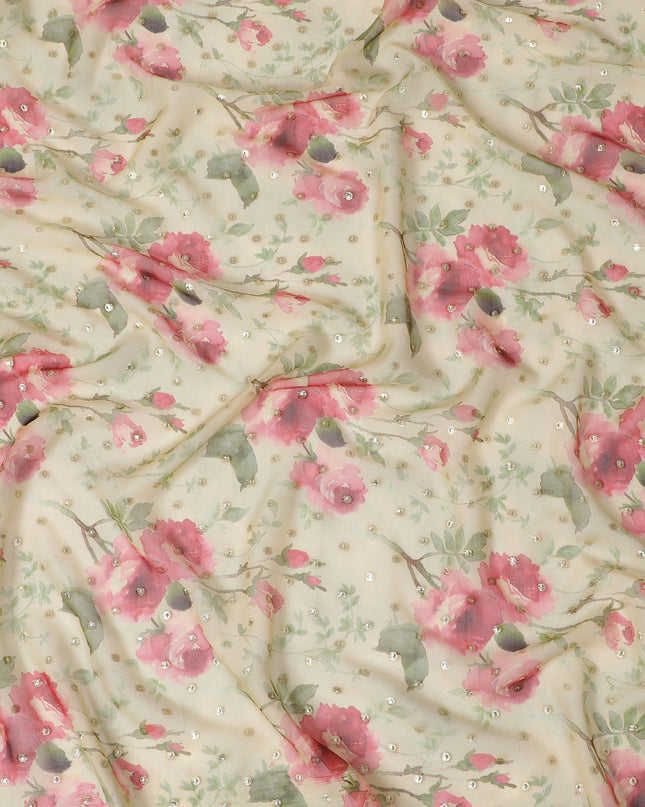 شيفون حريري وردي رومانسي مع زهور لوريكس معدني - عرض 110 سم، فاخر كوري جنوبي، متاح للشراء عبر الإنترنت بالمتر-D18166