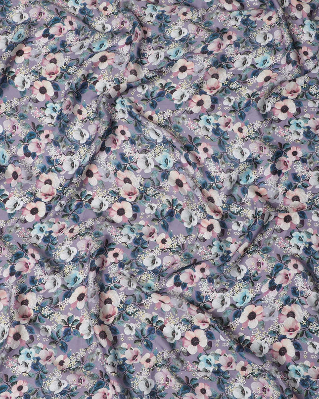 Enchanted Garden Synthetic Modal Satin Fabric - Serene Lavender Florals, 110cm Wide - Buy Online in Meters-D18345