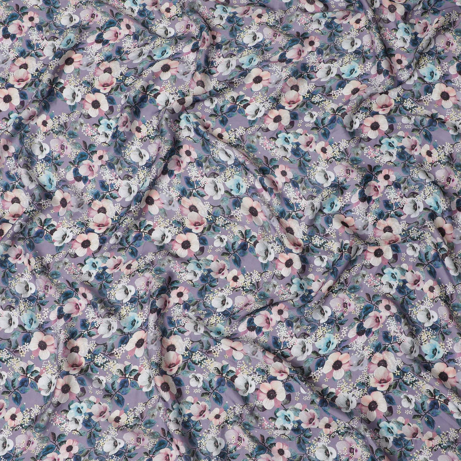 Enchanted Garden Synthetic Modal Satin Fabric - Serene Lavender Florals, 110cm Wide - Buy Online in Meters-D18345