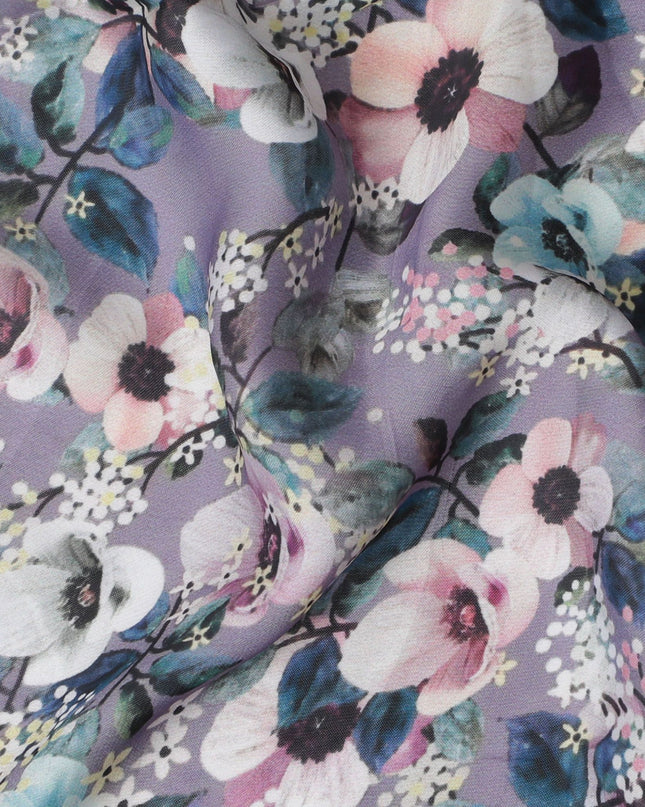 Enchanted Garden Synthetic Modal Satin Fabric - Serene Lavender Florals, 110cm Wide - Buy Online in Meters-D18345