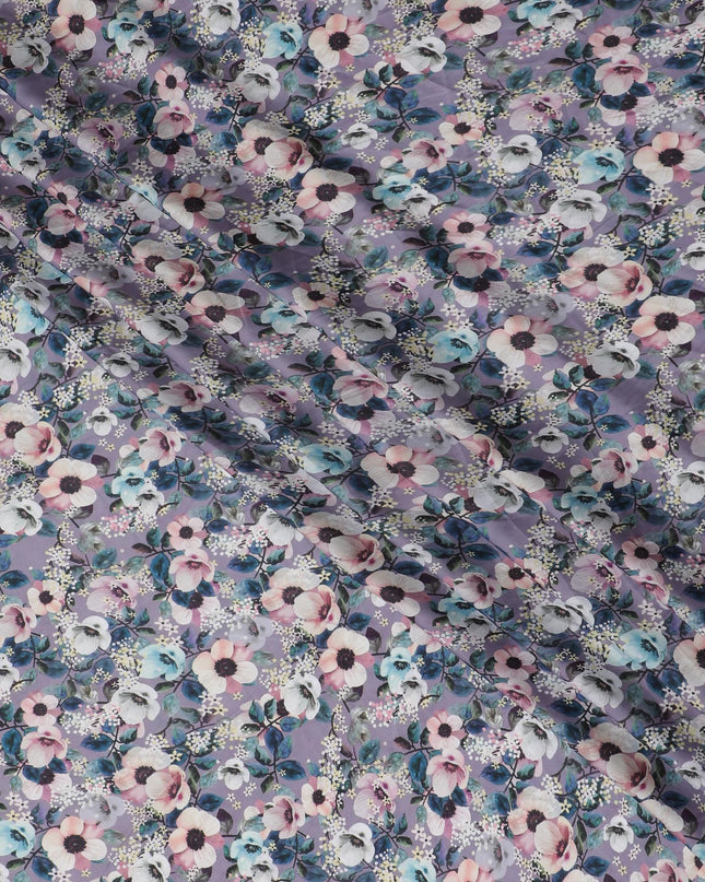 Enchanted Garden Synthetic Modal Satin Fabric - Serene Lavender Florals, 110cm Wide - Buy Online in Meters-D18345