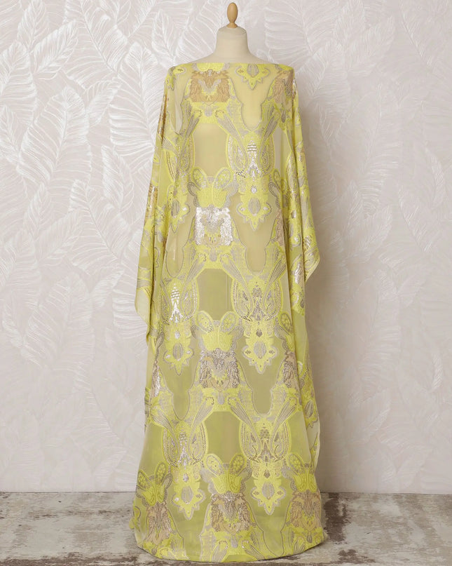 Luxurious Pure Silk Chiffon Fransawi Dirac Fabric - Golden Embroidery, 140cm Wide - Buy Online in 3.5 Mtr Piece-D18346 Regal Fabrics