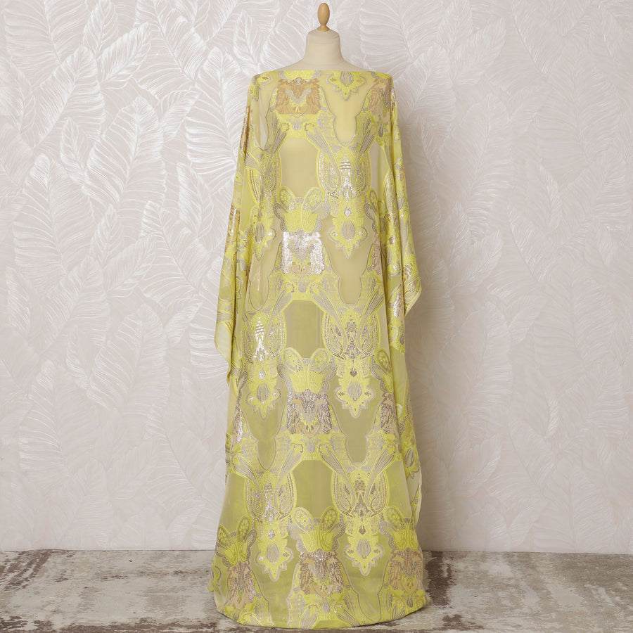 Luxurious Pure Silk Chiffon Fransawi Dirac Fabric - Golden Embroidery, 140cm Wide - Buy Online in 3.5 Mtr Piece-D18346