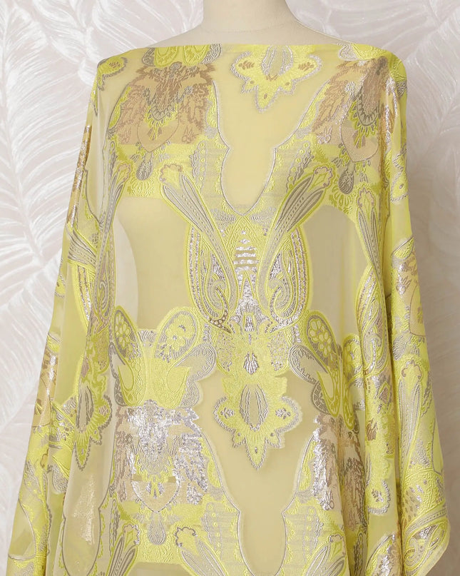 Luxurious Pure Silk Chiffon Fransawi Dirac Fabric - Golden Embroidery, 140cm Wide - Buy Online in 3.5 Mtr Piece-D18346 Regal Fabrics
