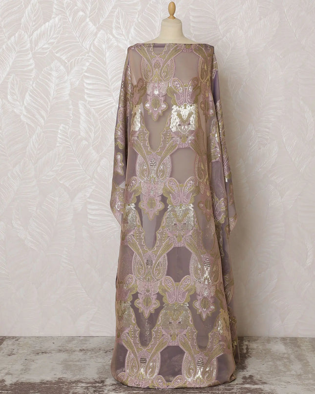Luxurious Pure Silk Chiffon Fransawi Dirac Fabric - Golden Embroidery, 140cm Wide - Buy Online in 3.5 Mtr Piece-D18347 Regal Fabrics