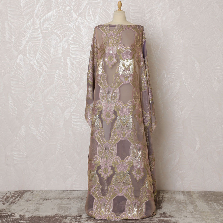 Luxurious Pure Silk Chiffon Fransawi Dirac Fabric - Golden Embroidery, 140cm Wide - Buy Online in 3.5 Mtr Piece-D18347