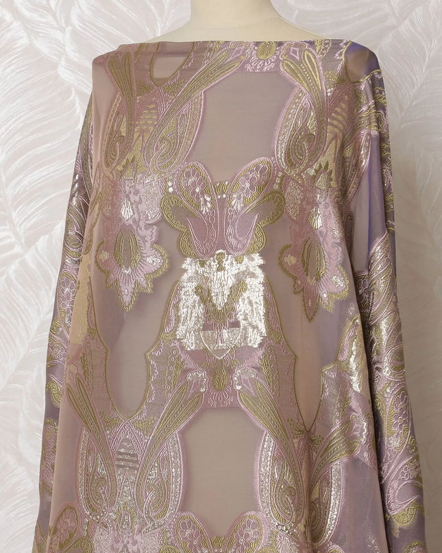Luxurious Pure Silk Chiffon Fransawi Dirac Fabric - Golden Embroidery, 140cm Wide - Buy Online in 3.5 Mtr Piece-D18347 Regal Fabrics