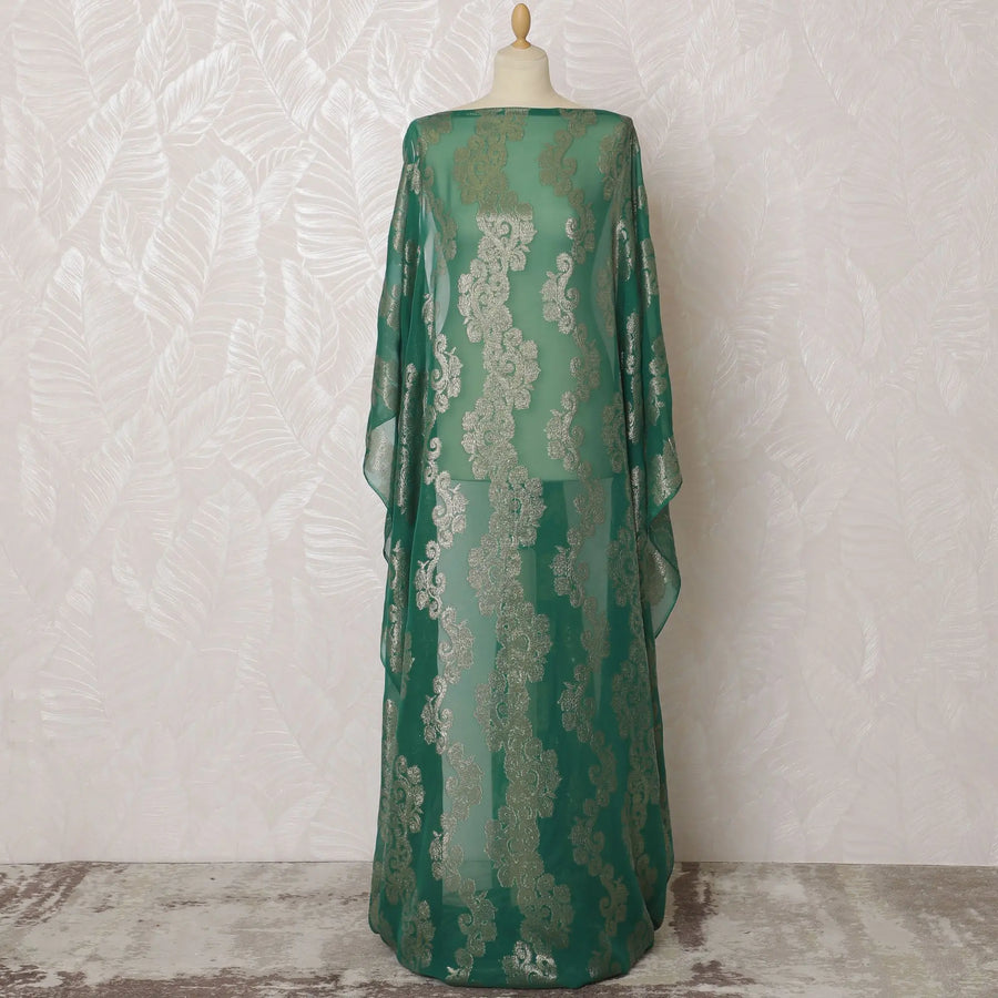 Majestic Jade Pure Silk Chiffon Fransawi Dirac Fabric - Silver Embellishments, 140cm Wide - Buy Online in 3.5 Mtr Piece-D18348 Regal Fabrics