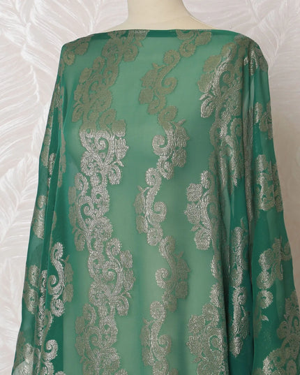 Majestic Jade Pure Silk Chiffon Fransawi Dirac Fabric - Silver Embellishments, 140cm Wide - Buy Online in 3.5 Mtr Piece-D18348 Regal Fabrics