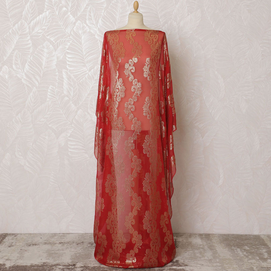 Regal Crimson Pure Silk Chiffon Fransawi Dirac Fabric - Gold Embroidery, 140cm Wide - Buy Online in 3.5 Mtr Piece-D18350