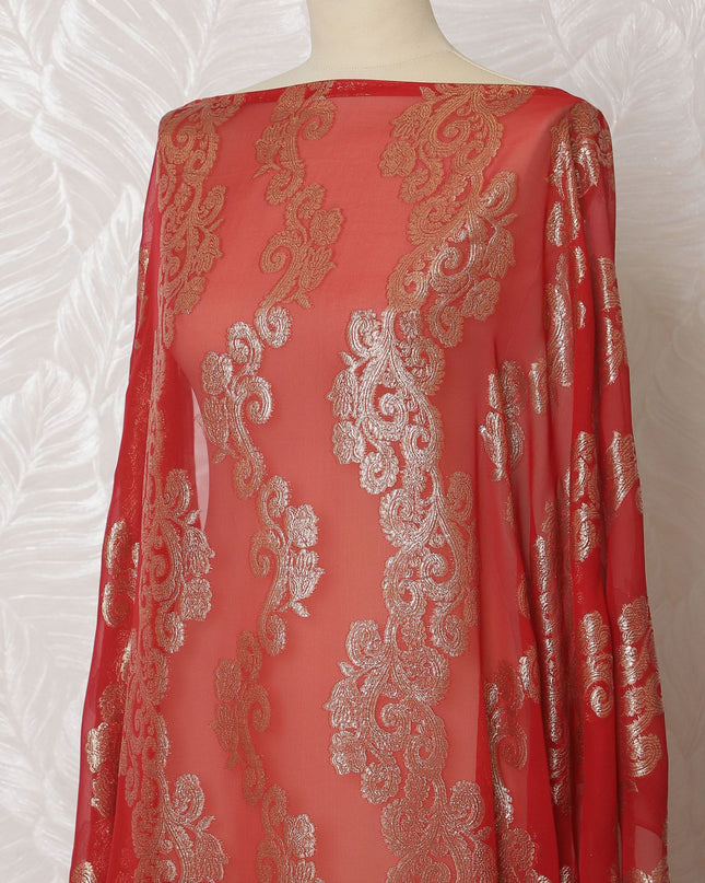 Regal Crimson Pure Silk Chiffon Fransawi Dirac Fabric - Gold Embroidery, 140cm Wide - Buy Online in 3.5 Mtr Piece-D18350