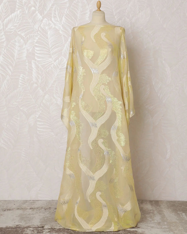 Golden Serenade Pure Silk Chiffon Fransawi Dirac Fabric - Silver and Gold Accents, 140cm Wide - Buy Online in 3.5 Mtr Piece-D18351 Regal Fabrics